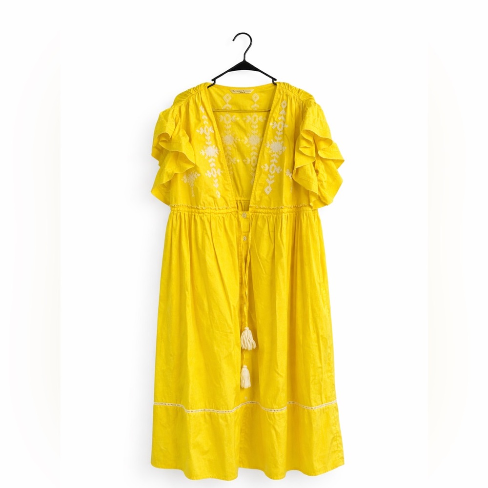 Yellow Embroidered Cottagecore Midi‎ Dress Ruffle Sleeve Boho Size 18